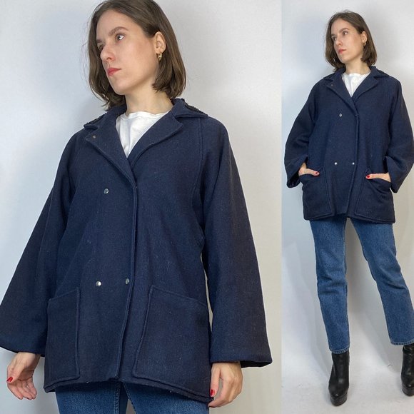 Vintage 60s MINIMAL Navy Snap Coat with BEADED Collar - Picture 1 of 9